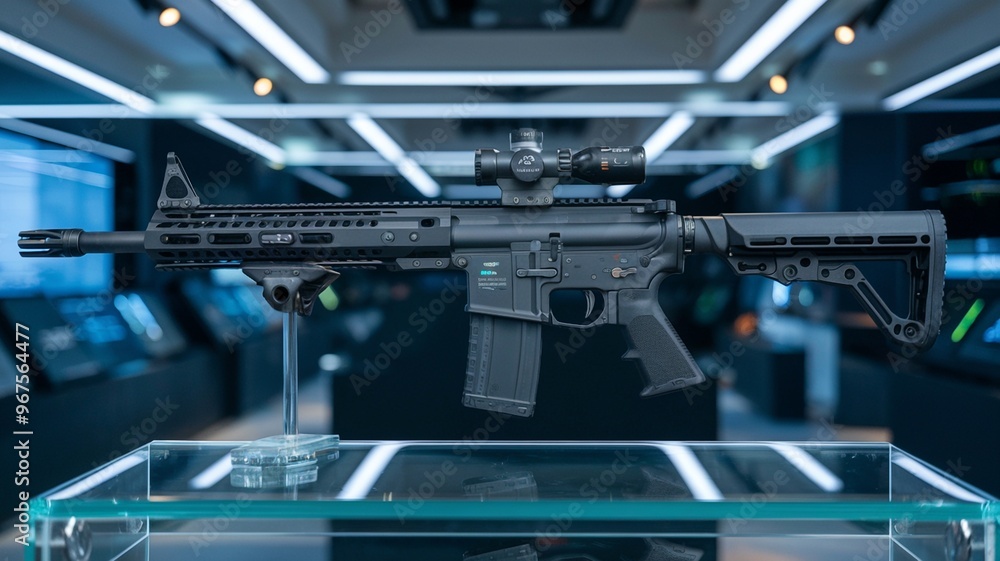 Futuristic Rifle in High-Tech Showroom Display Futuristic Rifle in High-Tech Showroom Display
