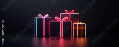Colorful neon gift boxes create a vibrant display against a black background, perfect for holiday or celebration themes.