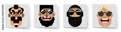 A set of stern gangster faces. With elegant glasses. Flat design. Avatars. Caricatures. Close-up portraits.