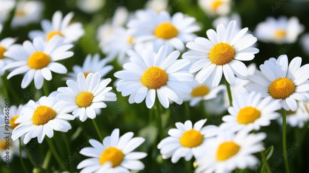 Field of daisies with white petals and yellow centers, creating a cheerful and bright atmosphere. Field of daisies with white petals and yellow centers, creating a cheerful and bright atmosphere.