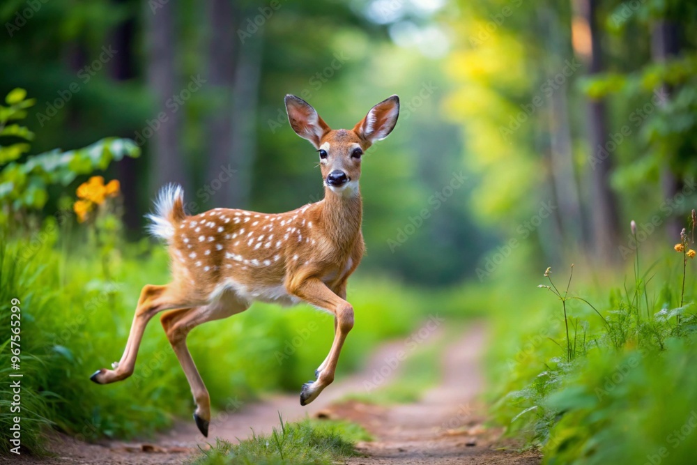 White tailed deer fawn with hind on natural trail in north Wisconsin White tailed deer fawn with hind on natural trail in north Wisconsin