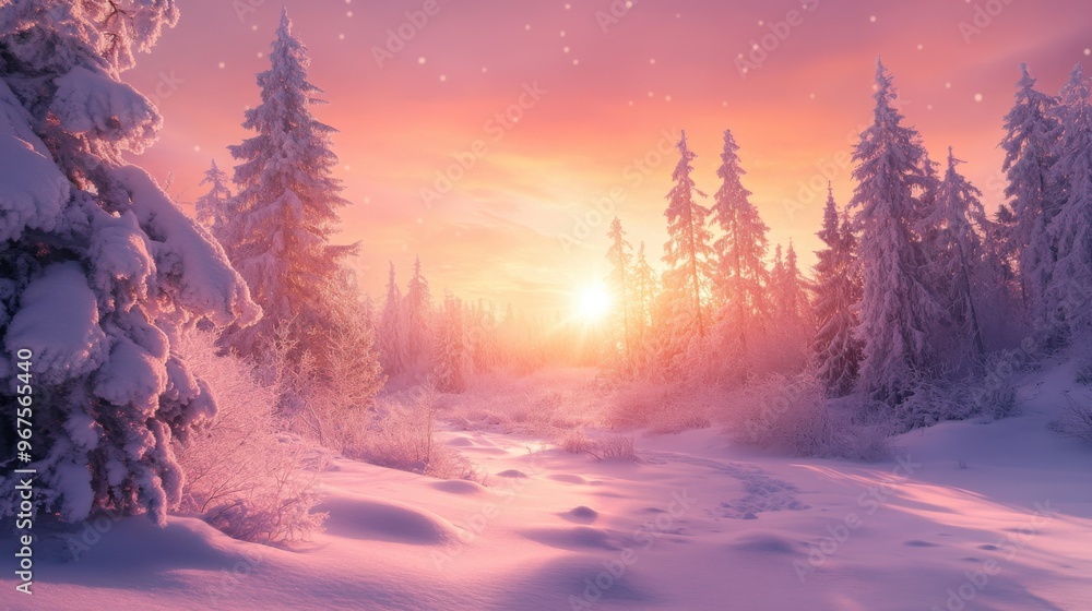 A majestic sunset over a snowy landscape, with the sun casting a soft pink light on the A majestic sunset over a snowy landscape, with the sun casting a soft pink light on the