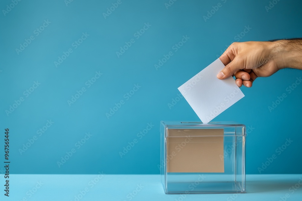 Closeup of man putting his vote in the ballot box with a light blue background Closeup of man putting his vote in the ballot box with a light blue background