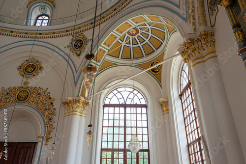 Inside the Arabic-style mosque, the ceiling has colorful patterns.