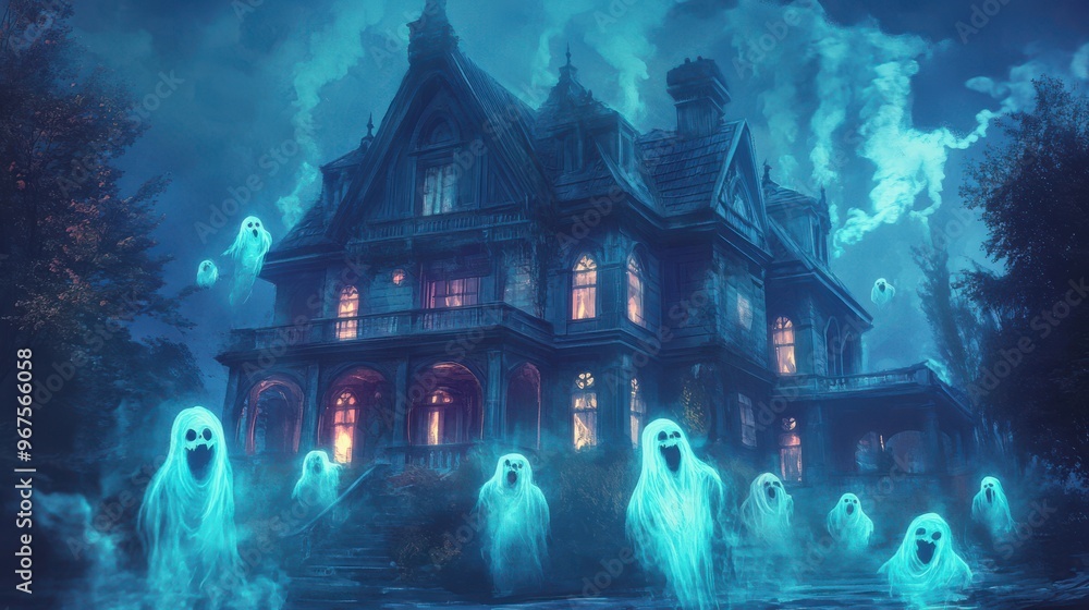 Obraz premium A spooky haunted house surrounded by eerie glowing ghosts, creating a chilling atmosphere perfect for Halloween.