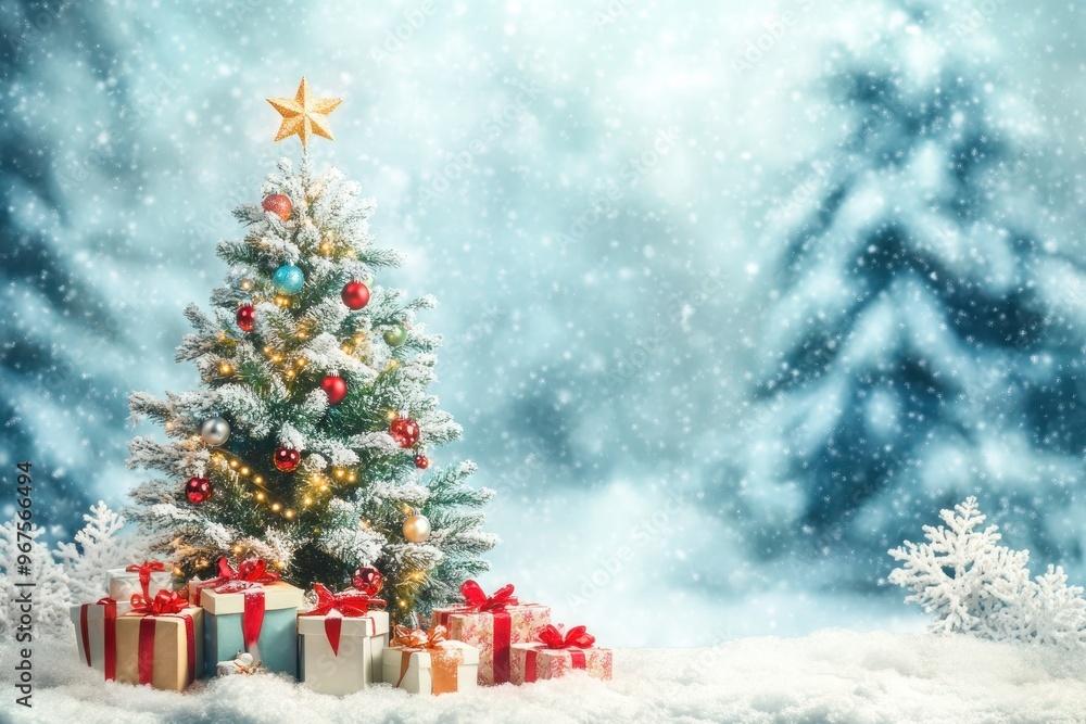 Decorated Christmas Tree with Presents in Snowy Forest Decorated Christmas Tree with Presents in Snowy Forest