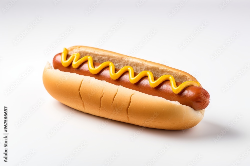 Delicious hot dog with mustard on a simple white background ready for summer barbecues Delicious hot dog with mustard on a simple white background ready for summer barbecues