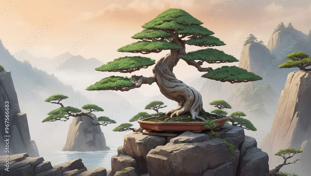 illustration of a bonsai tree on the edge of a cliff illustration of a bonsai tree on the edge of a cliff