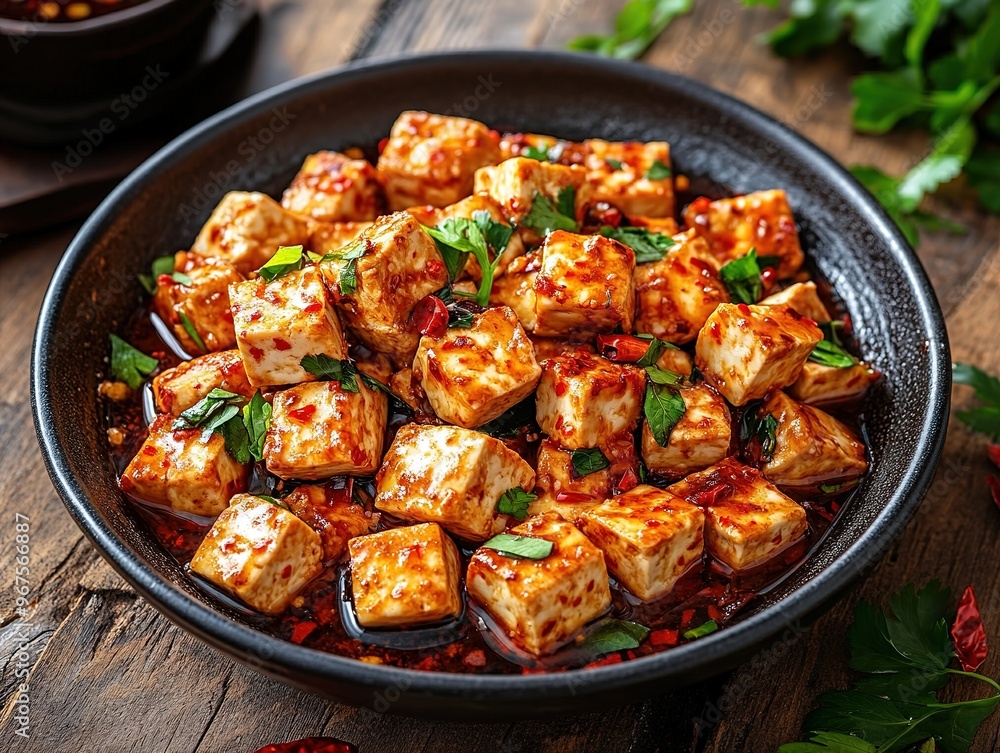 Spicy Sichuan Tofu with Red Pepper Sauce - Authentic Chinese Cuisine Experience. Traditional Maphouan Flavors and Heat with Zing Spicy Sichuan Tofu with Red Pepper Sauce - Authentic Chinese Cuisine Experience. Traditional Maphouan Flavors and Heat with Zing