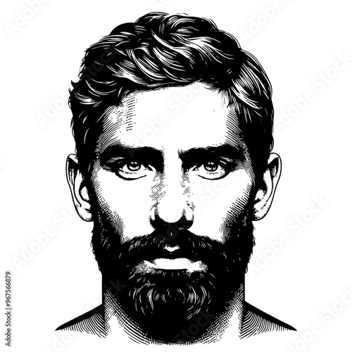 Detailed black and white portrait of a bearded man in engraving style. Vector, generative ai.