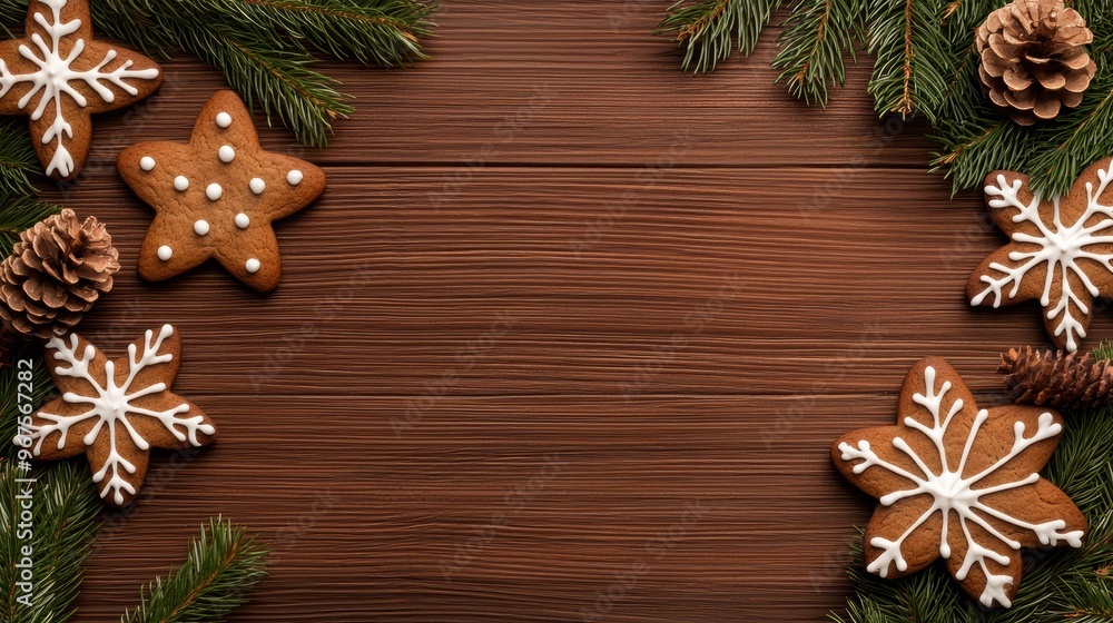 Fototapeta premium A wooden background with a star and snowflake cookies on it