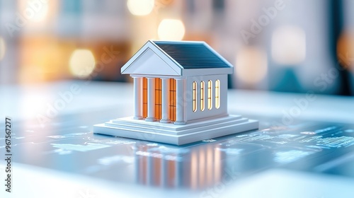 Detailed miniature bank building on a map, symbolizing finance and investment opportunities in a modern setting.