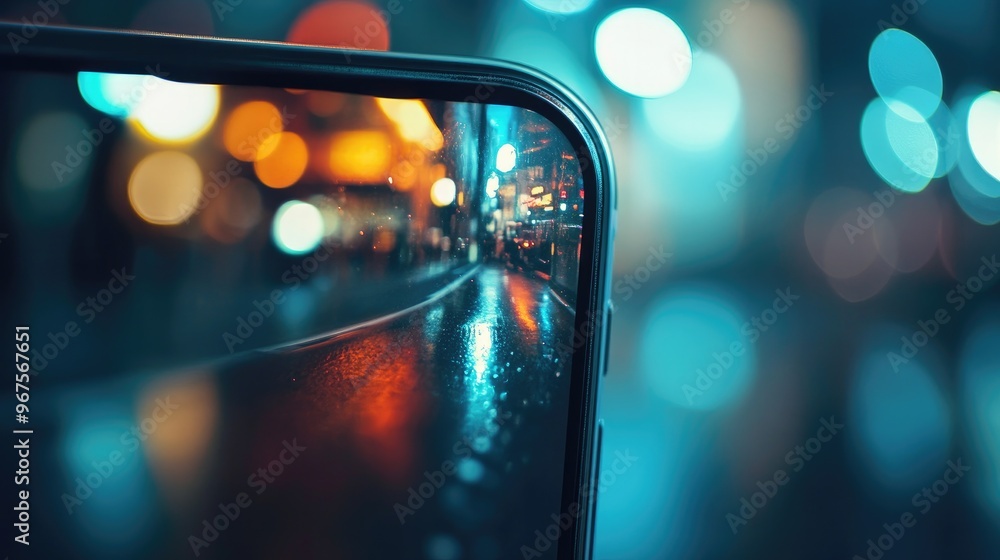 A close-up of a mobile phone camera, with the lens reflecting light and a scene in the background. A close-up of a mobile phone camera, with the lens reflecting light and a scene in the background.