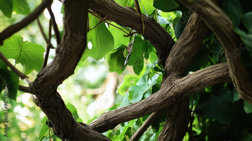 intricate dance of vines showcases natures beauty, with twisting branches and lush green leaves creating serene atmosphere. This biophilic lens captures essence of growth and tranquility