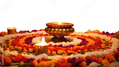 Happy Diwali Celebration - Beautiful Flower Rangoli Decorated with Illuminated Diya on PNG Surface. photo