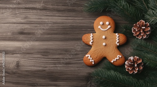 A gingerbread man is sitting on a wooden table with pine cones in the background