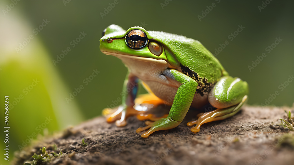 Minimal photo of a solitary tree frog on a blurred green background Minimal photo of a solitary tree frog on a blurred green background