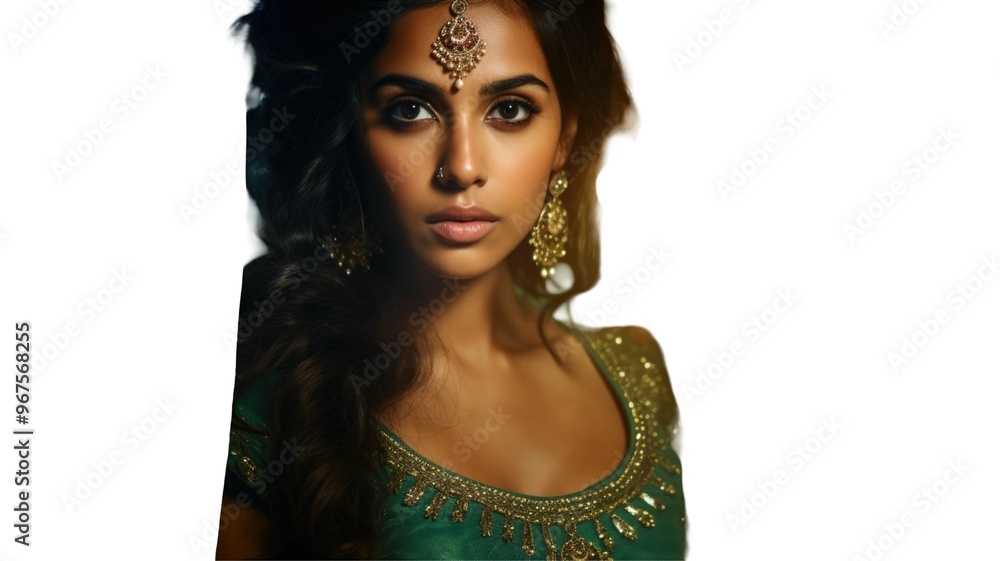 Indian female model in green dress and elegant jewelry, attending wedding ceremony or festival. Fictional Characters Created By Generative AI. Indian female model in green dress and elegant jewelry, attending wedding ceremony or festival. Fictional Characters Created By Generative AI.