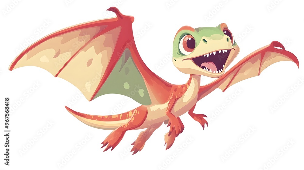 Obraz premium Cute Cartoon Green Flying Mythical Lizard Dragon Monster