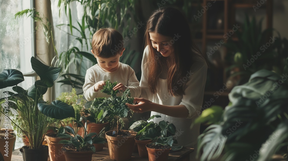 Obraz premium A mother teaches her child about gardening while tending to potted plants indoors on a sunny day
