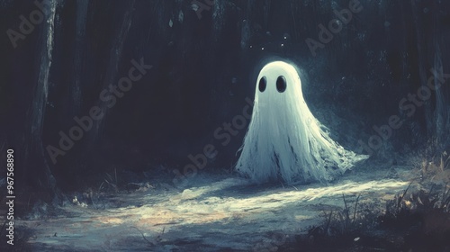 A whimsical ghost figure in a dark forest, surrounded by ethereal mist, creating a mysterious and enchanting atmosphere.