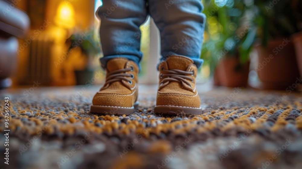 Little feet wearing cozy brown boots explore a warmly lit room filled with plants and textures. Generative AI Little feet wearing cozy brown boots explore a warmly lit room filled with plants and textures. Generative AI