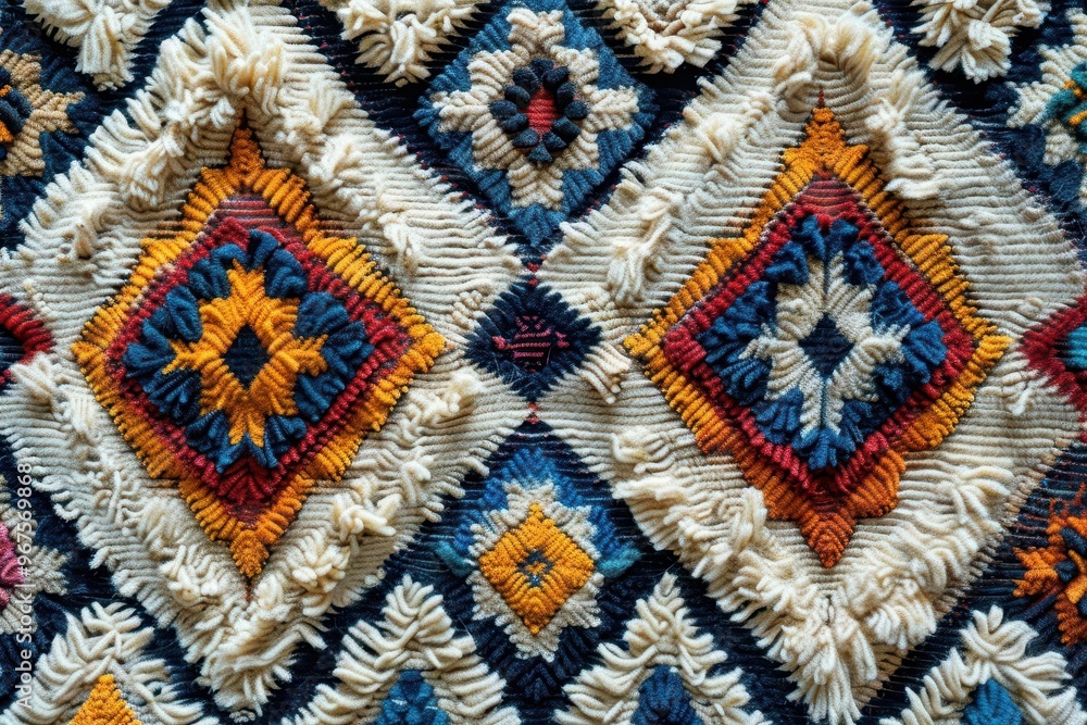 Moroccan Berber rug-inspired fabric with a seamless geometric pattern, showcasing bold and intricate designs Moroccan Berber rug-inspired fabric with a seamless geometric pattern, showcasing bold and intricate designs