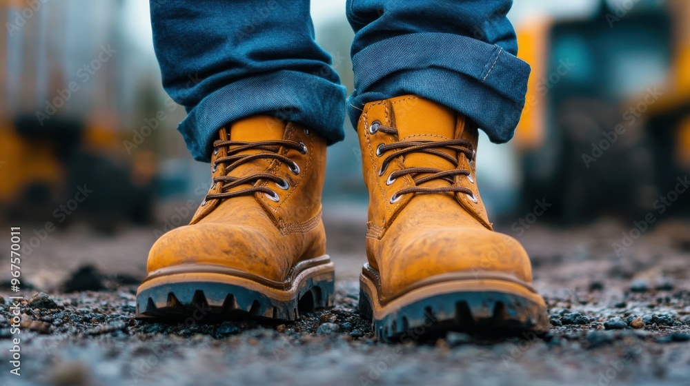 A pair of safety boots with reinforced toes being worn by a construction worker. A pair of safety boots with reinforced toes being worn by a construction worker.