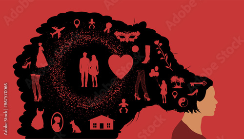 Künstlerische Vektor Silhouetten - Kopf und Haare einer jungen Frau mit Träumen, Wünschen, Phantasien, Bedürfnissen und Zielen im Leben - Abstrakte Darstellung Design Elemente 