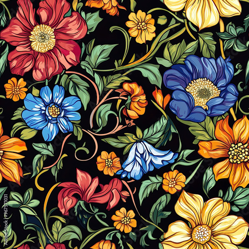 A vibrant display of flowers with intricate details on black. Seamless pattern.
