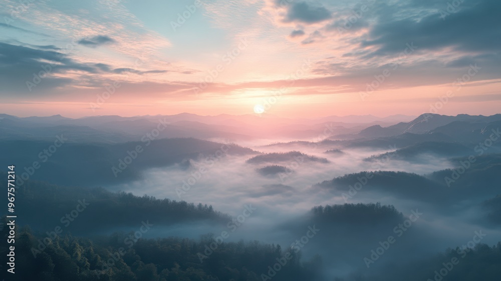 A panoramic view of rolling hills submerged in a dense sea of morning mist, with the sun just A panoramic view of rolling hills submerged in a dense sea of morning mist, with the sun just