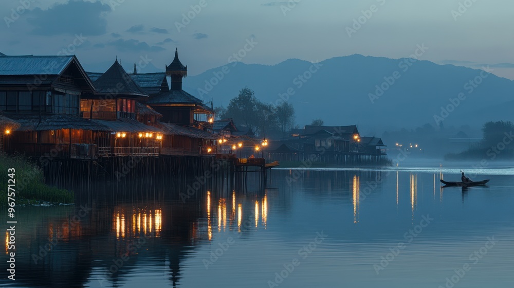 A peaceful evening on Inle Lake, with lanterns lighting up the stilt houses as the sun sets A peaceful evening on Inle Lake, with lanterns lighting up the stilt houses as the sun sets