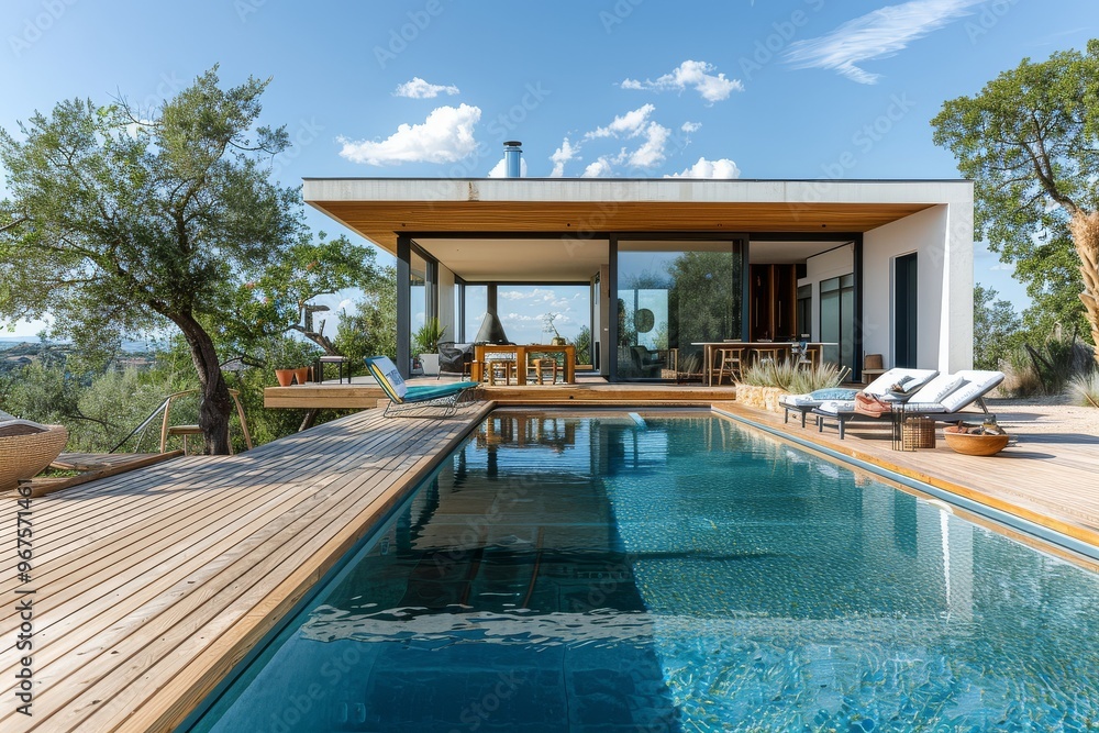 Fototapeta premium Modern house with pool in South of France, featuring wooden deck, blue sky, green trees, and summer evening light on blue water.