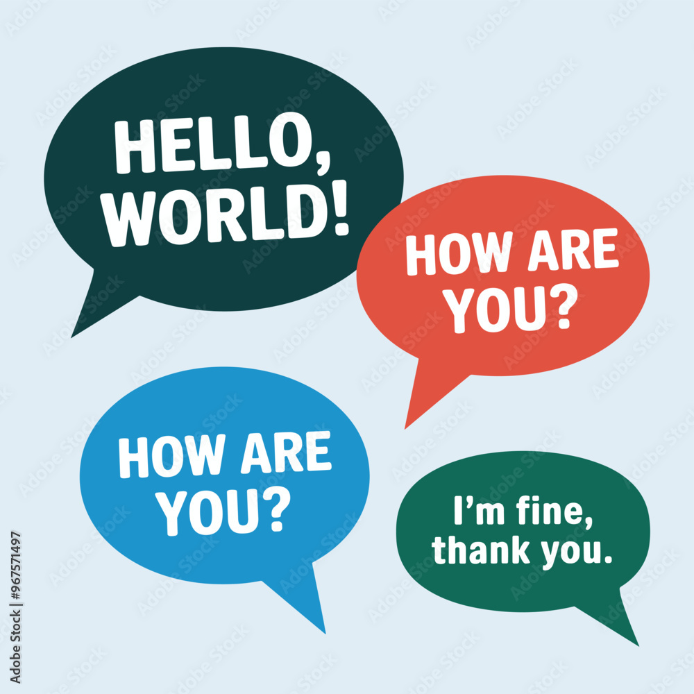 Illustration of speech bubbles with greetings in different colors on a light blue background. Illustration of speech bubbles with greetings in different colors on a light blue background.
