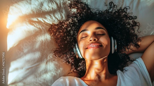 Laughing mid-aged african woman relaxing on her bed at home listening to music with her headphones while meditating
