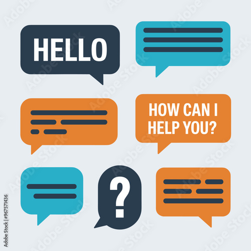 Colorful chat bubbles with greetings, questions, and messages on a light background.