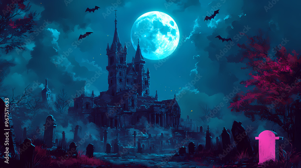 Dark night filled with bats and a full moon. abandoned cemetery. modern illustration. full moon shining on a night castle. Full Moon Night. Illustration Dark night filled with bats and a full moon. abandoned cemetery. modern illustration. full moon shining on a night castle. Full Moon Night. Illustration
