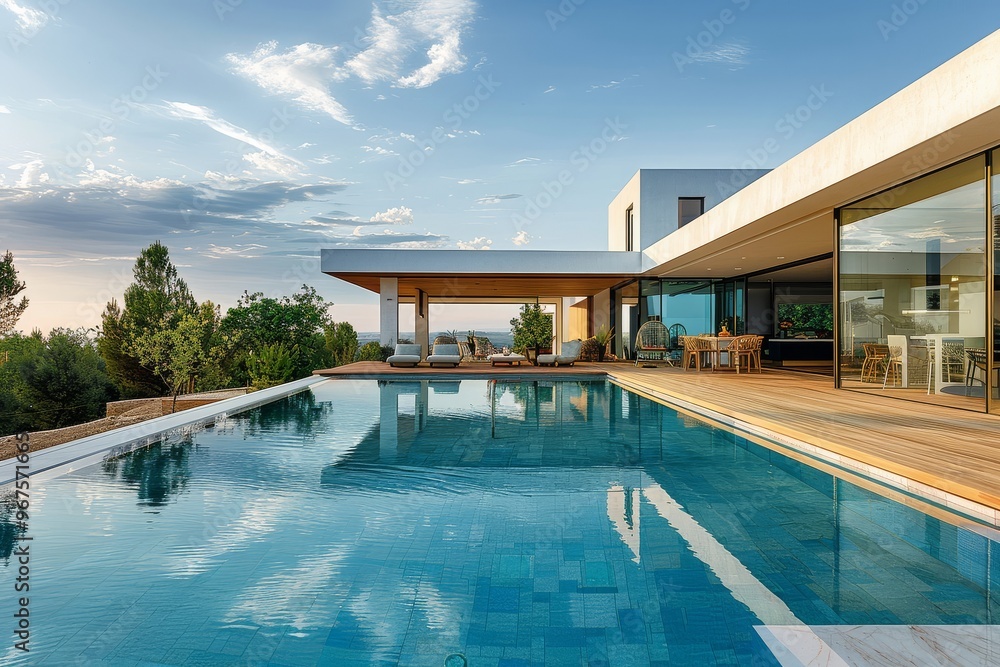 Obraz premium Modern house with pool in South of France, featuring wooden deck, blue sky, green trees, and summer evening light on blue water.