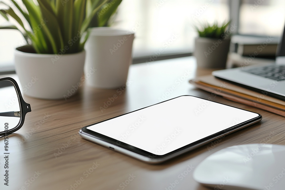 smart phone blank white screen mockup on a wooden table with attractive background generated by AI smart phone blank white screen mockup on a wooden table with attractive background generated by AI