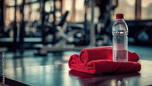 Water Bottle and Towel on Table in Gym photo