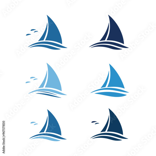 Vector illustrations of sailboats in various blue hues on a white background.