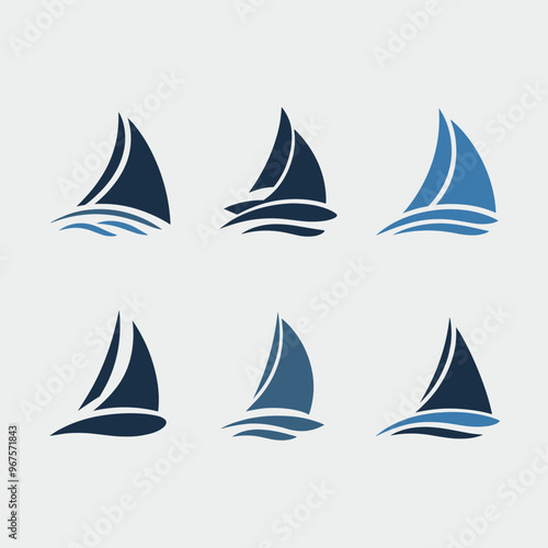Minimalistic sailboat icons in various shades of blue on a clean white background.
