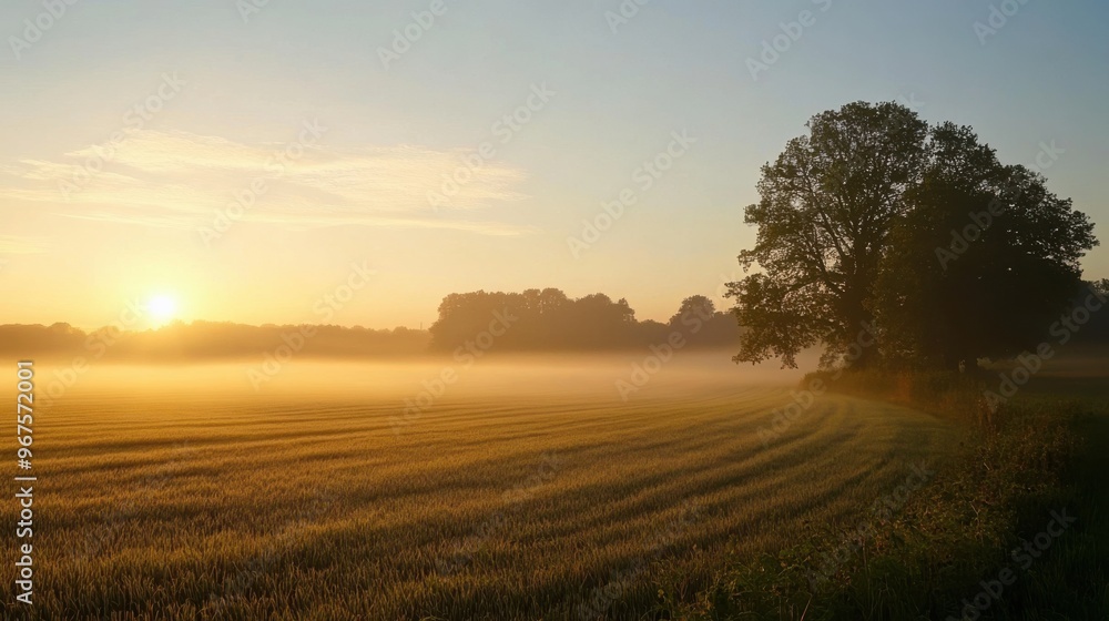 A peaceful morning in the countryside, with a sea of mist hovering over fields and trees, A peaceful morning in the countryside, with a sea of mist hovering over fields and trees,