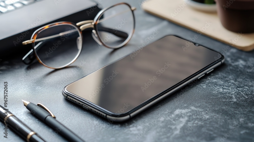 A mobile phone lying on a desk with a pair of glasses and a pen, representing productivity. A mobile phone lying on a desk with a pair of glasses and a pen, representing productivity.