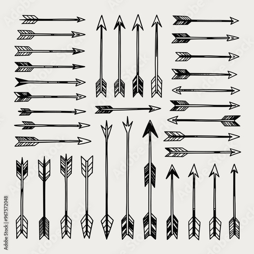 Diverse set of hand-drawn black arrows on a white background, showcasing various designs and styles.