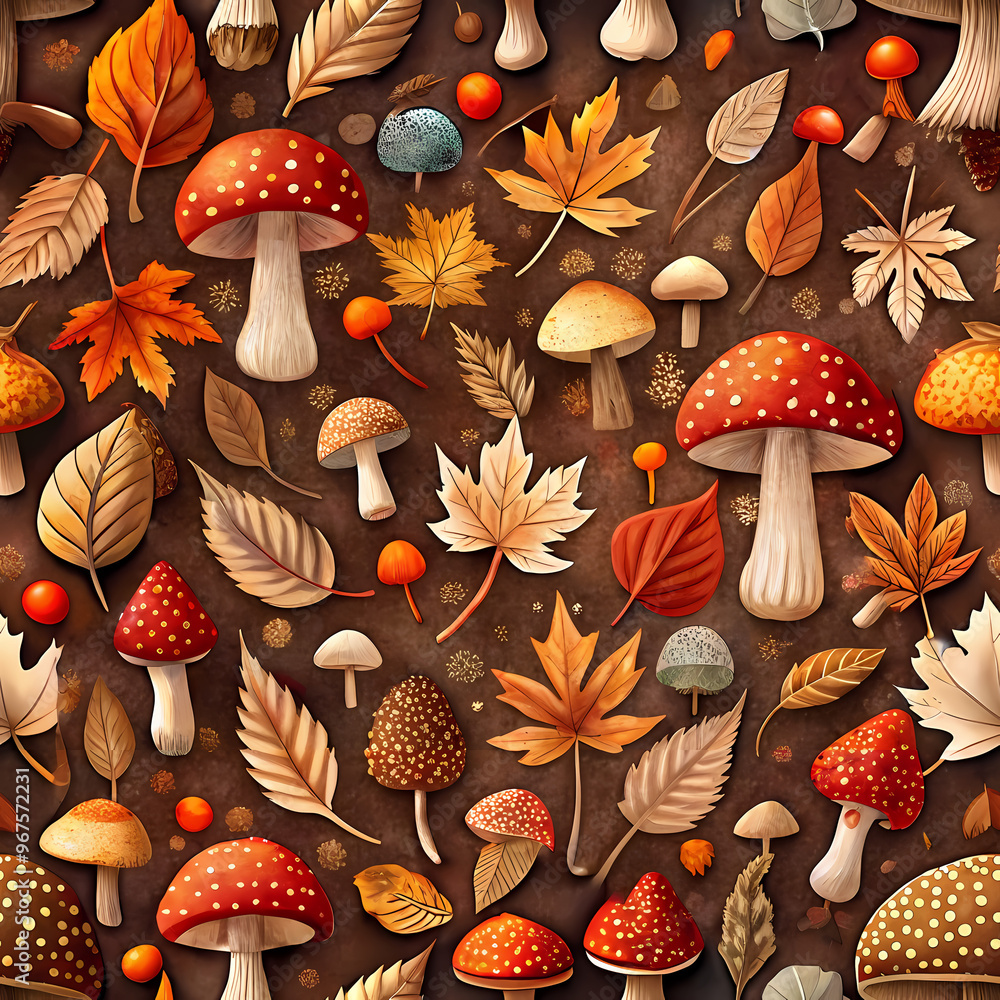1:1 Seamless Autumn Mushrooms and Fallen Leaves Pattern 1:1 Seamless Autumn Mushrooms and Fallen Leaves Pattern