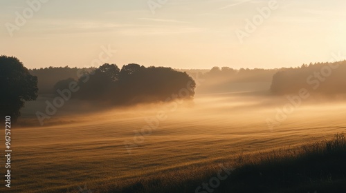 A peaceful morning in the countryside, with a sea of mist hovering over fields and trees,