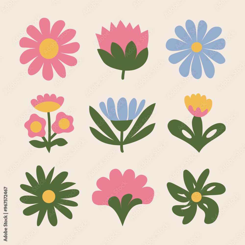 custom made wallpaper toronto digitalColorful assortment of nine unique and stylized flowers in a minimalist design.