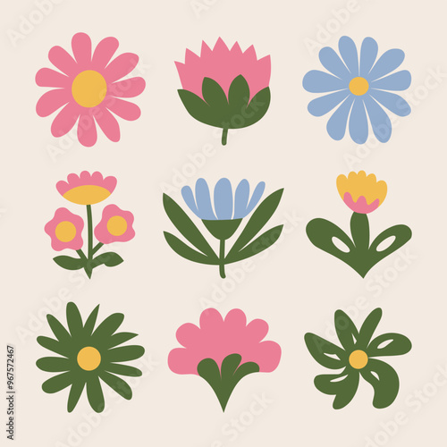 Wallpaper Mural Colorful assortment of nine unique and stylized flowers in a minimalist design. Torontodigital.ca