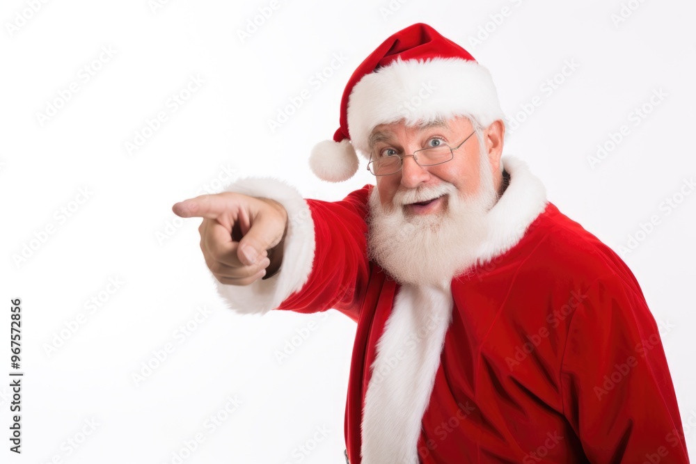 Happiness Santa Claus Pointing Index Finger Isolated on White Background for Merry Christmas Photo. Fictional Characters Created By Generative AI. Happiness Santa Claus Pointing Index Finger Isolated on White Background for Merry Christmas Photo. Fictional Characters Created By Generative AI.